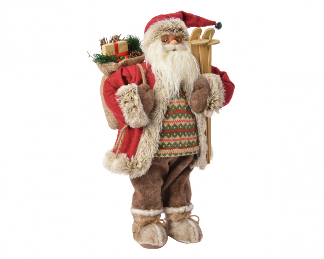 Babbo Natale in poliestere stile country, con doni sci e racchette, altezza 45 cm