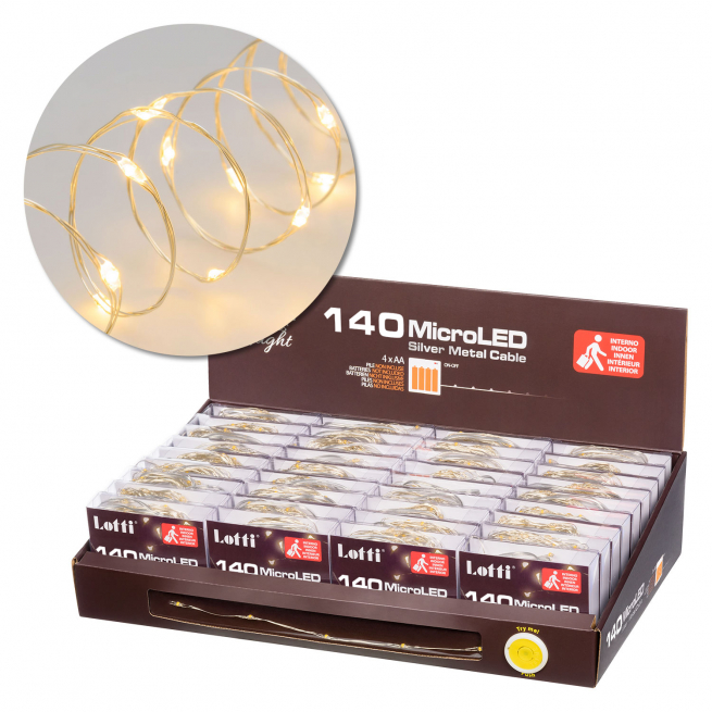 Filo luci microled a batteria, luce calda, filo in metallo, uso interno, lunghezza 14 metri