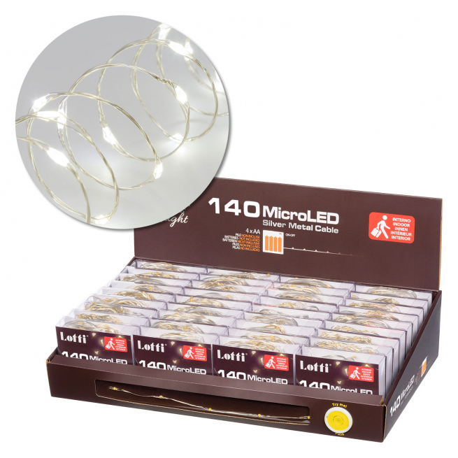 Filo luci microled a batteria, luce fredda, filo in metallo, uso interno, lunghezza 14 metri
