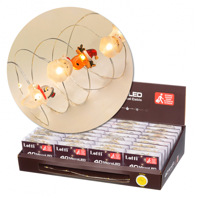 Filo luci microled con decori a batteria, luce calda, filo in metallo, uso interno, lunghezza 4 metri
