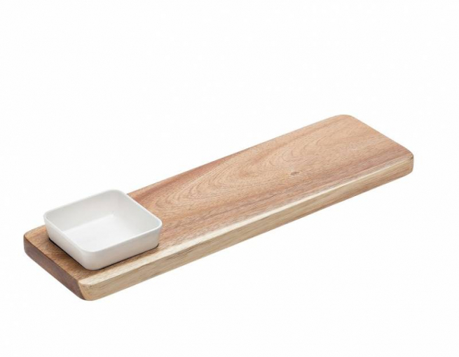 Tagliere in legno rettangoalre con ciotola porta salse in melamina bianca13x45cm.