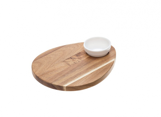 Tagliere in legno sagomato con ciotola porta salse in melamina bianca