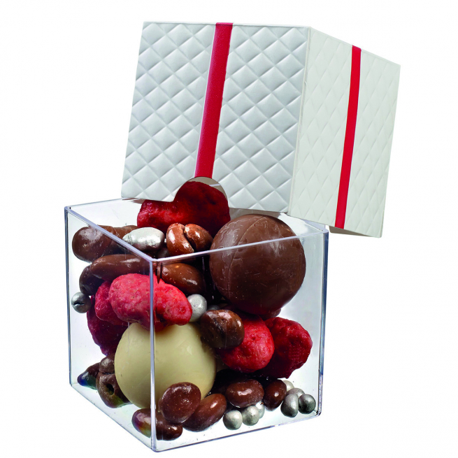 Contenitore fingerfood ""Kubo" con coperchio bianco effetto "Scatola regalo"