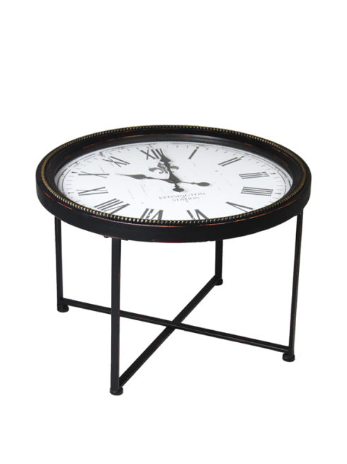 Tavolino in metallo con orologio, altezza 47 cm