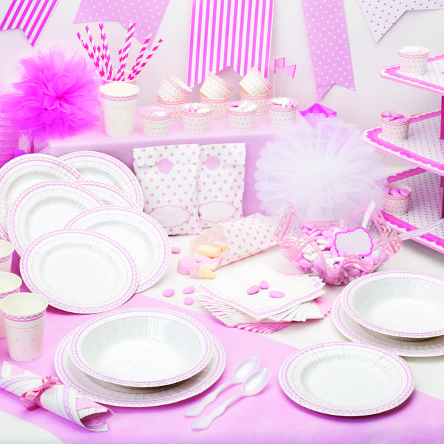 Piatto in cartoncino fantasia "Petit pois rosa", diametro 27cm, confezione da 8 pezzi