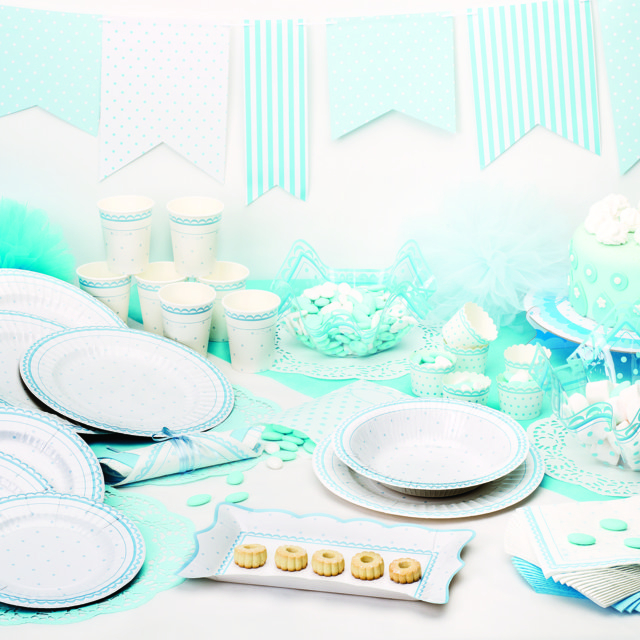 Piatto in cartoncino fantasia "Petit pois azzurro", diametro 27cm, confezione da 8 pezzi