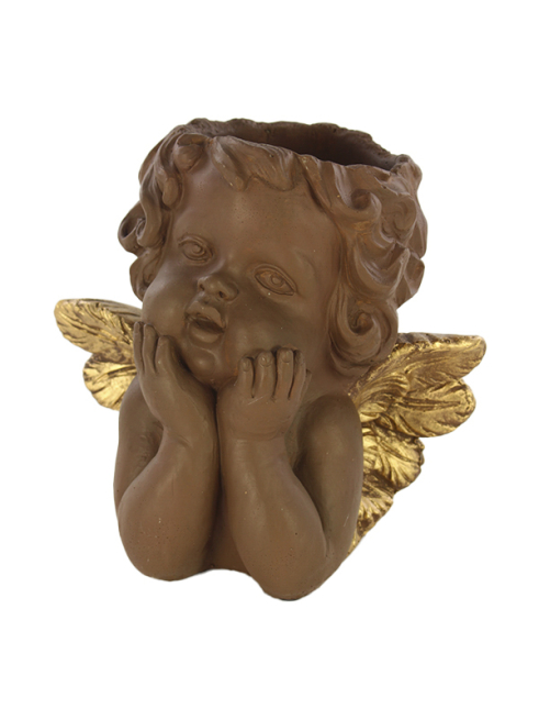Portavaso a forma di angioletto in cemento marrone, altezza 25 cm