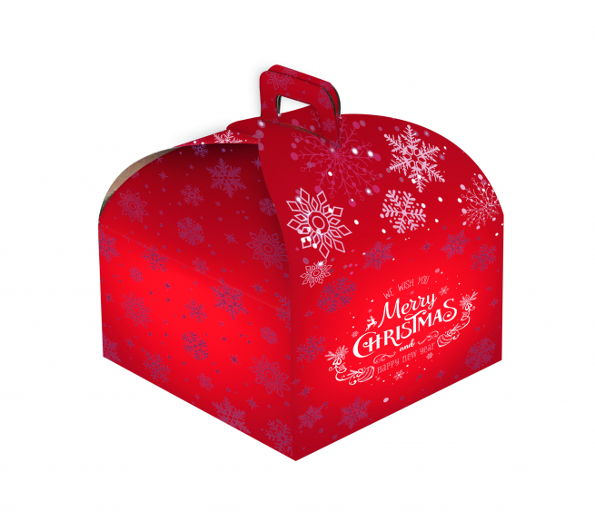 Scatola porta panettone fantasia "Merry Christmas" con maniglia, cartone da 80 pezzi, vari formati
