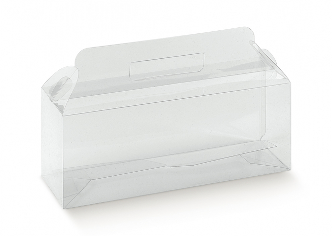 Scatola valigetta in plastica trasparente con maniglia e base rettangolare