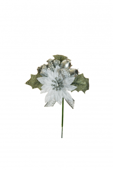 Pick stella di Natale bianca e argento, altezza 14 cm, confezione da 12 pezzi