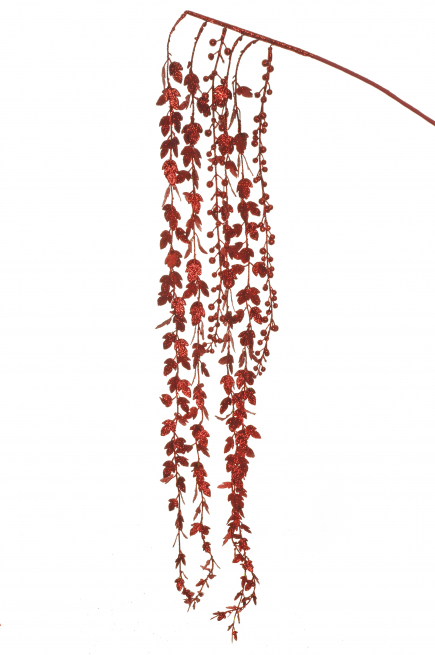 Ramo cadente con foglie e bacche rosso glitter, altezza 123 cm