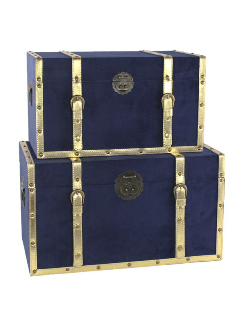Baule rettangolare di legno rivestito in velluto blu