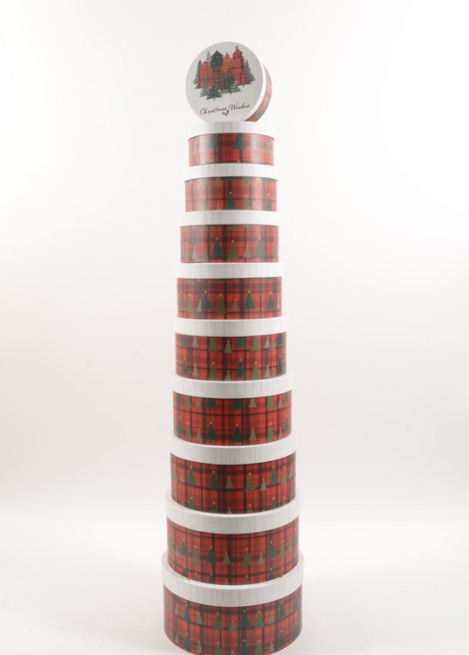 Set scatole regalo natalizie "White tartan", forma rotonda, confezione da 10 pezzi