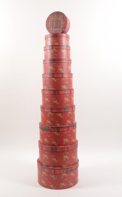 Set scatole regalo natalizie "Red tartan", forma rotonda, confezione da 10 pezzi