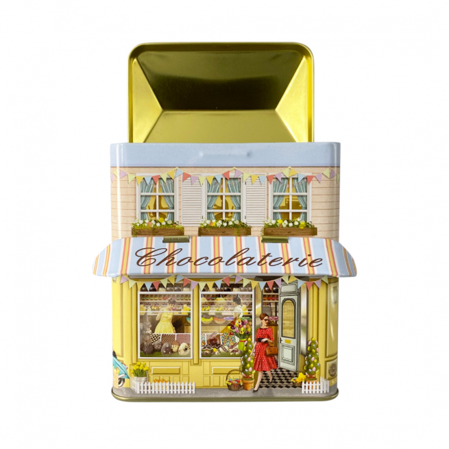 Scatola in latta "Chocolaterie" con tettoia, 12x7.5x15 cm