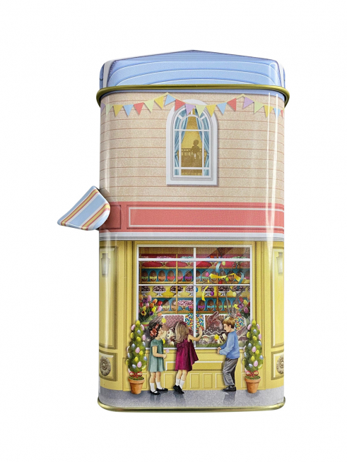 Scatola in latta "Chocolaterie" con tettoia, 12x7.5x15 cm