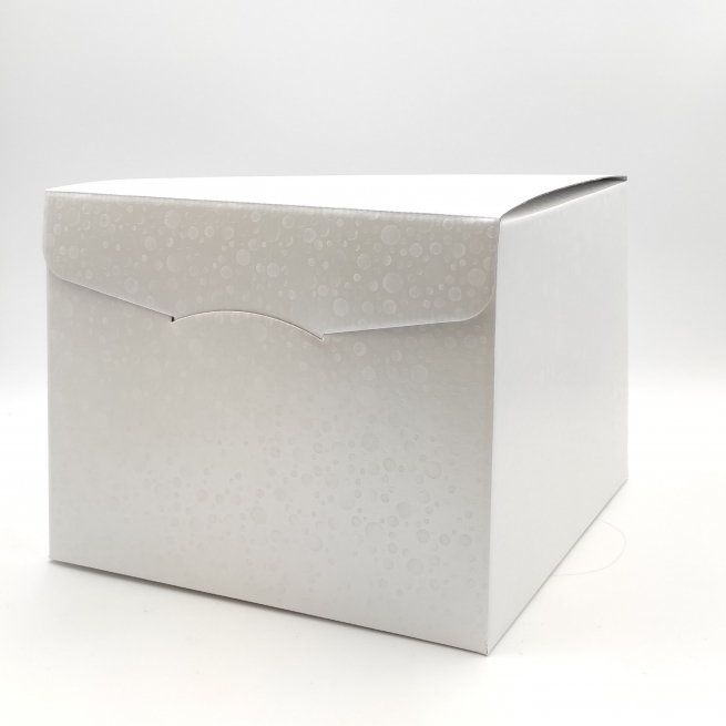 Scatola "Segreto" automontante con cordini, base quadrata in cartone bianco perlato