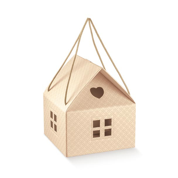 Scatola sagomata "Casetta" in cartoncino linea cipria con cordini, 20x20x18 cm