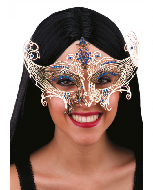 Maschera oro donna in metallo traforata, con strass blu