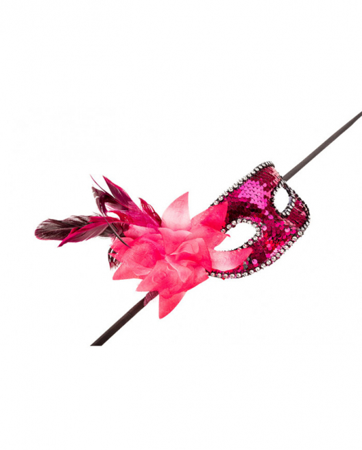 Maschera fucsia donna, impreziosita con paillettes, fiore e piume