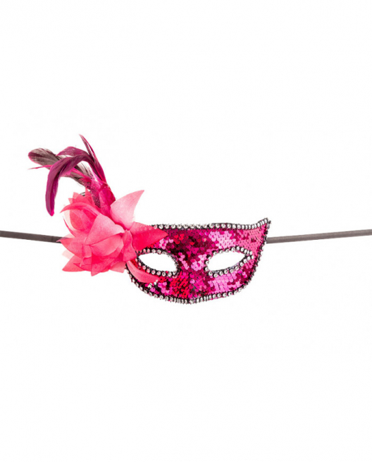 Maschera fucsia donna, impreziosita con paillettes, fiore e piume