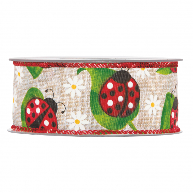 Rotolo nastro in tessuto stampa "Coccinelle" fondo écru, altezza 40 mm, lunghezza 10 metri