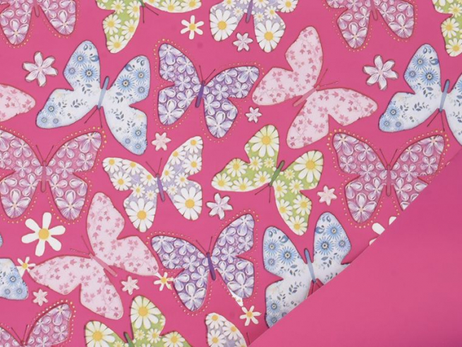 Carta da regalo in rotolo bicolor stampa "Hippy" con farfalle decorate, fondo fucsia, altezza 1 metro, lunghezza 25 metri