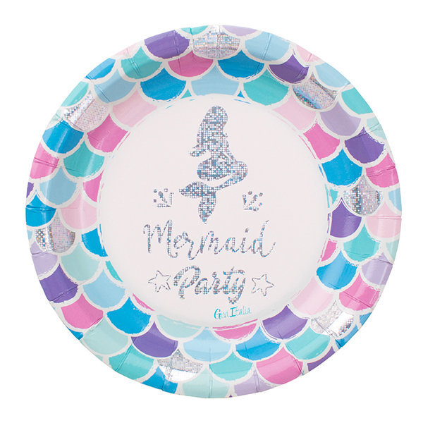 Piatto in cartoncino fantasia "Sirena" olografico, diametro 18cm, confezione da 8 pezzi