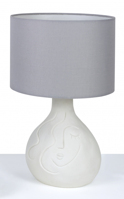 Lampada "Penelope" con base in porcellana bianca e paralume in tessuto grigio chiaro, altezza 40 cm