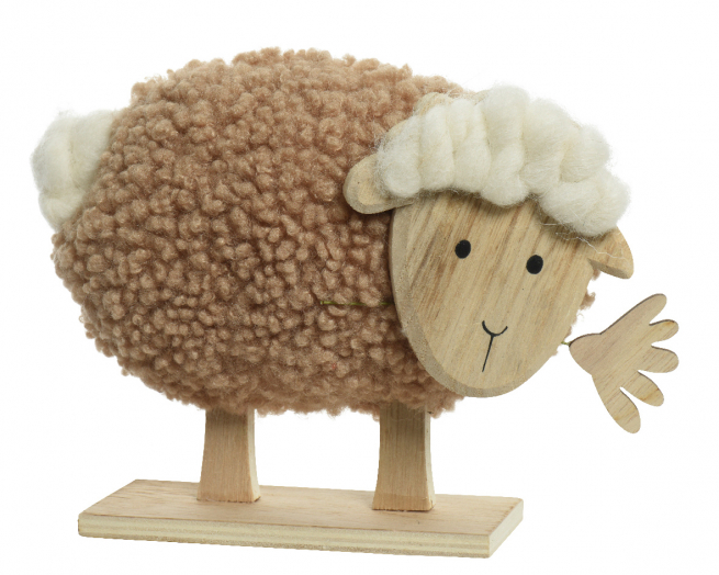 Pecora con manto marrone e panna e base in legno, altezza 16.5 cm