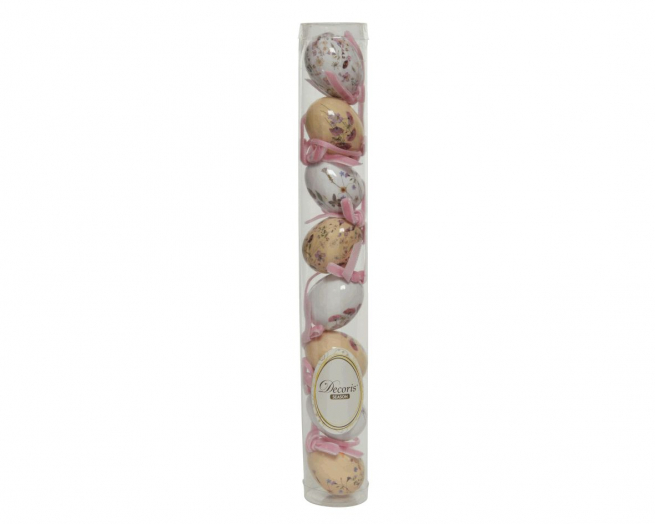 Uovo con decorazioni floreali lucide e cordino, fantasie assortite, diametro 3 cm, altezza 5 cm, tubo da 8 pezzi