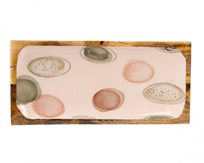 Piatto in legno rettangolare smaltato e decorato, lunghezza 40 cm