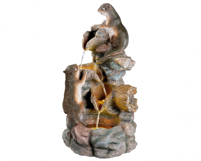 Fontana di roccia con effetto cascata e furetti in poliresina, altezza 57 cm
