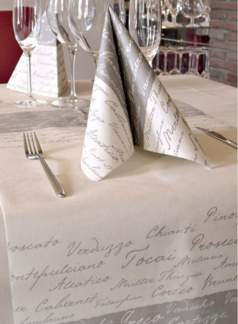 Tovaglia quadrata fantasia "Wine" creta in tessuto non tessuto airlaid 100x100cm, confezione da 25 pezzi