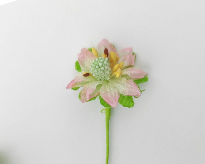 Fiorellino pick in tessuto rosa e verde, con filo in metallo, diametro 3 cm, confezione da 144 pezzi