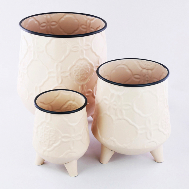 Vaso contenitore in metallo beige con 3 piedi, varie misure