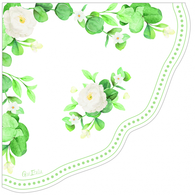Tovagliolo carta 3 veli smerlato 33x33 cm, fantasia "Romantic green", confezione da 16 pezzi