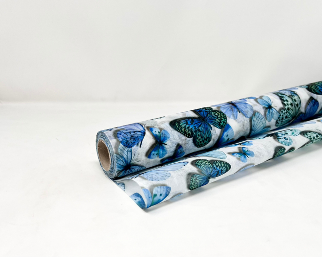 Rotolo carta regalo decofibra stampa "Farfalle" azzurro e blu, altezza 1 metro, lunghezza 9 metri