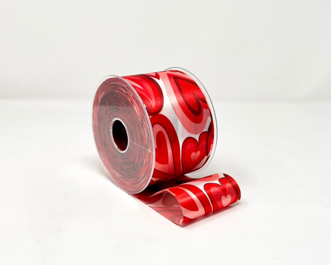 Rotolo nastro raso stampa "Cuori" rosso, lunghezza 50 metri