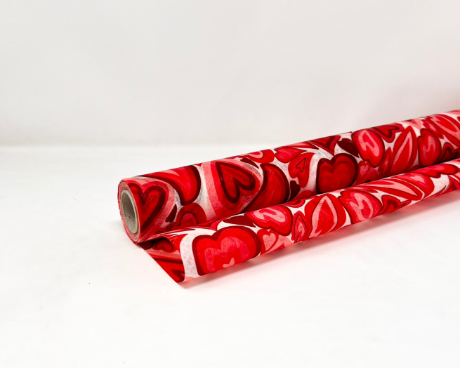 Rotolo carta regalo decofibra stampa "Cuori" rosso, altezza 1 metro, lunghezza 9 metri