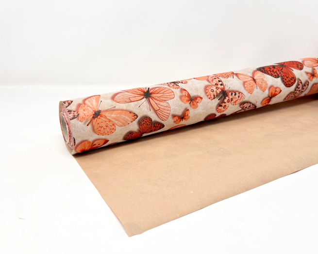 Rotolo carta regalo paper-fibra stampa "Farfalle" arancio e rosso, altezza 75 cm, lunghezza 20 metri