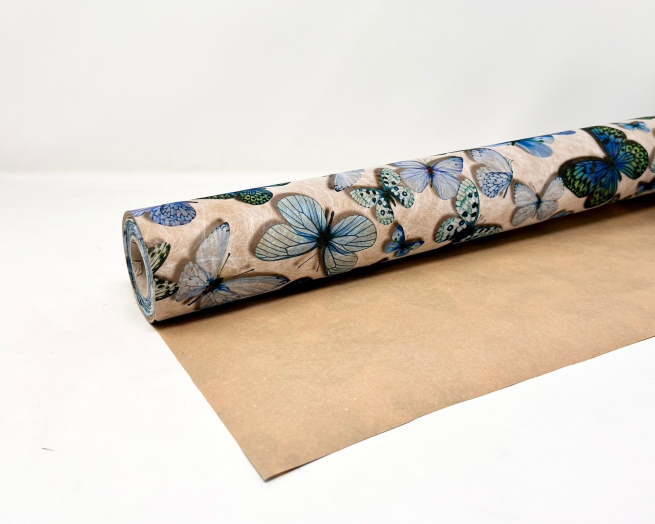 Rotolo carta regalo paper-fibra stampa "Farfalle" azzurro e blu, altezza 75 cm, lunghezza 20 metri