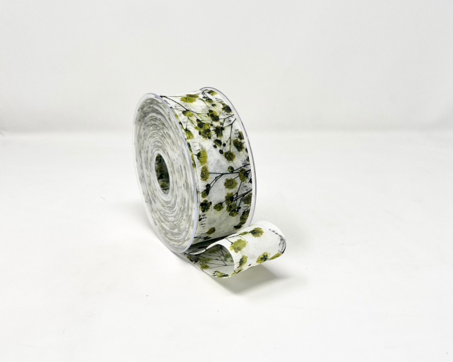 Rotolo nastro decofibra stampa "Gipsofila" verde, lunghezza 25 metri