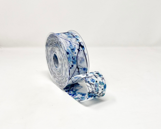 Rotolo nastro decofibra stampa "Gipsofila" blu, lunghezza 25 metri