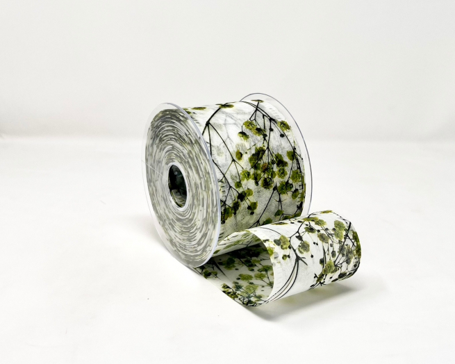 Rotolo nastro decofibra stampa "Gipsofila" verde, lunghezza 25 metri