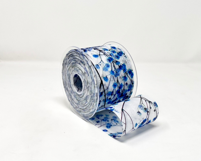 Rotolo nastro decofibra stampa "Gipsofila" blu, lunghezza 25 metri