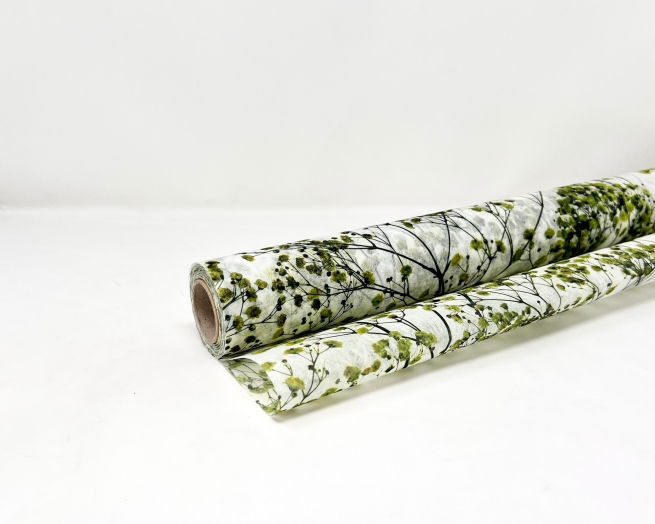 Rotolo carta regalo decofibra stampa "Gipsofila" verde, altezza 1 metro, lunghezza 9 metri