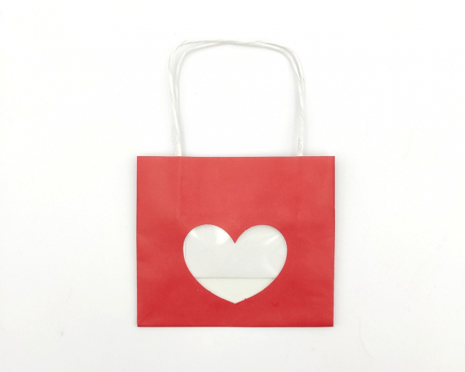 Shopper rosso "Heart"  con finestra e maniglia ritorta, confezione da 12 pezzi