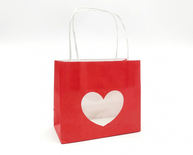 Shopper rosso "Heart"  con finestra e maniglia ritorta, confezione da 12 pezzi