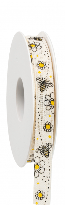 Rotolo nastro tessuto fantasia "Bienchen", fondo avorio, altezza 15 mm, lunghezza 20 metri